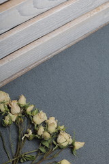 Dried beige roses. Against the background of gray fabric rough texture. Nearby is a wooden box, painted in white.