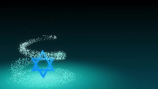 Star of David from glowing blue particles. last 10 seconds are loopable. Computer generated animation