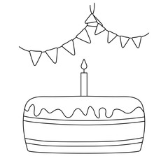 sweet cake of birthday with garlands hanging