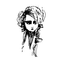 sketch of a portrait of a sad girl in a fur coat with curly and fluffy blond hair.