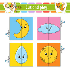 Fototapeta premium Cut and play. Flash cards. Color puzzle. Education developing worksheet. Activity page. Game for children. Funny character. Isolated vector illustration. Cartoon style.