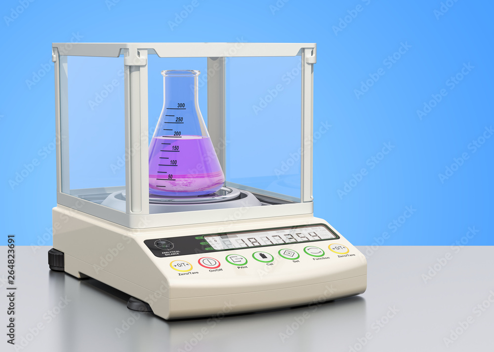 Aufkleber analytical balance, digital lab scale with chemical flask on the desk. 3d rendering
