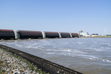 Eidersperrwerk (Eider Barrage) at the mouth of the river Eider near Tönning on Germany’s North...