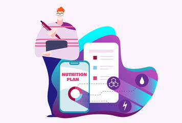 Man in glasses writes diet plan checklist with icons for calorie, carbohydrates, fats, proteins. Nutrition plan, weight-management diet, individual dietary service concept.