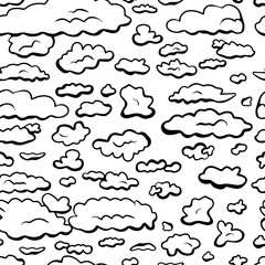 Cute hand drawn color vector seamless pattern. Black, white clouds isolated on  background. Unique abstract texture for invitations, cards, websites, wrapping paper, textile. Sky, weather, overcast