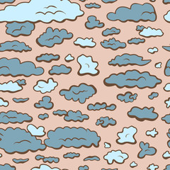 Fototapeta premium Cute hand drawn color vector seamless pattern. Blue clouds isolated on pink, beige background. Unique abstract texture for invitations, cards, websites, wrapping paper, textile. Sky, weather, overcast