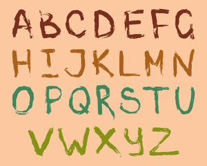 ABC for your design. Easy to use and edit letters. colorful brown, green brush stroke hand drawn alphabet made in vector. Grunge illustration on beige background