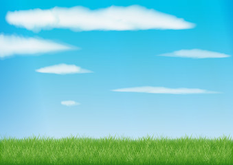 Fototapeta na wymiar green field background with realistic grass. blue sky with clouds in the sun