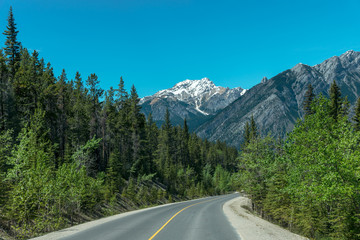 View of Rocky mountains during road trip to Banff Village, road trip in summer, Banff National Park, Alberta, Canada, Nature background