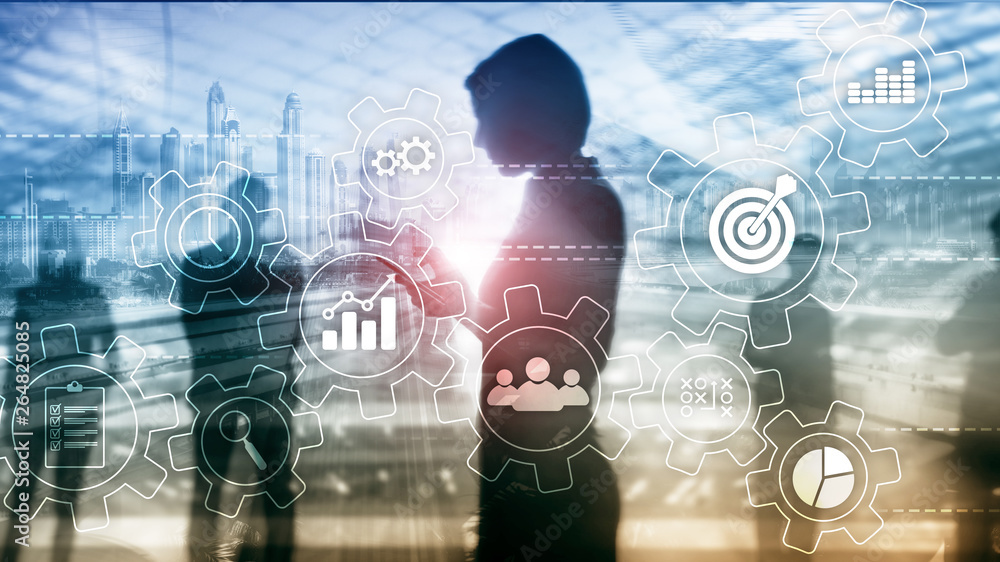 Aufkleber business process automation concept. gears and icons on abstract background.