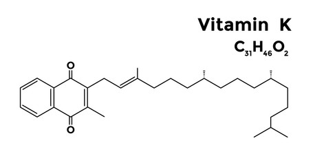Vitamin K structural skeletal formula on white background.