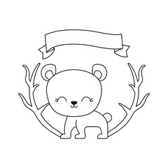 cute bear animal with ribbon and branches
