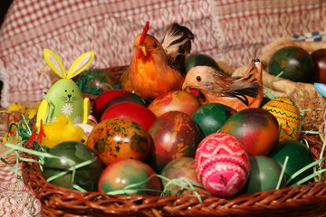 The Easter eggs painted in traditional Bulgarian style on the handmade felt mat. Easter eggs painted with Bulgarian traditional symbols