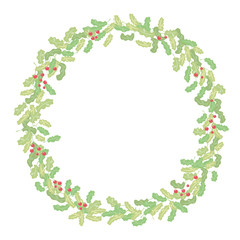 Round vector wreath of oak leaves of different shades with red berries cherries isolated object on a white background.