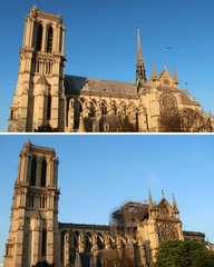 Cathédrale Notre Dame de Paris, façade sud avant et après l'incendie du 15 avril 2019 (France)
