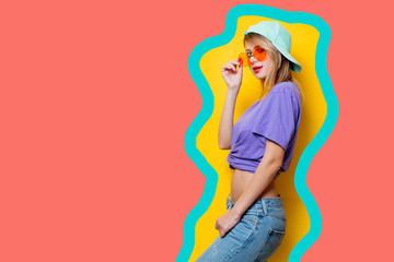 Young style girl with sunglasses on drawn living coral color background.