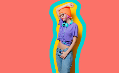 Young style girl with headphones on drawn living coral color background