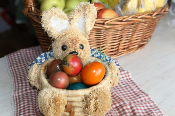 The Easter eggs painted in traditional Bulgarian style on the handmade felt mat. Easter eggs painted with Bulgarian traditional symbols