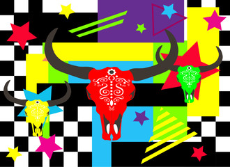 Bull heads, animal skull, pop art backgrund with stars