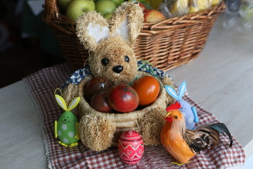 The Easter eggs painted in traditional Bulgarian style on the handmade felt mat. Easter eggs painted with Bulgarian traditional symbols