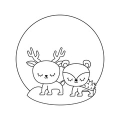 cute porcupine with reindeer in landscape