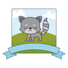 cute cat in landscape with frame and ribbon