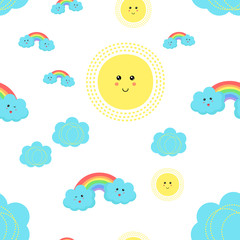 Vector kids pattern with cute clouds, sun, rainbows and stars.