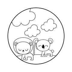 cute lion with koala in landscape