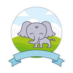 cute elephant in landscape with frame and ribbon