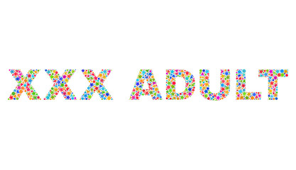 XXX ADULT text with bright mosaic flat style. Colorful vector illustration of XXX ADULT text with scattered star elements and small circle dots. Festive design for decoration titles.
