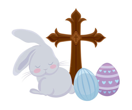 Cute Rabbit With Eggs Of Easter And Catholic Cross