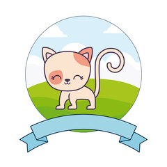 cute cat in landscape with frame and ribbon
