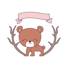 cute bear animal with ribbon and branches