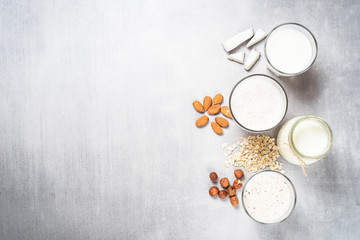 Vegan non dairy alternative milk top view.