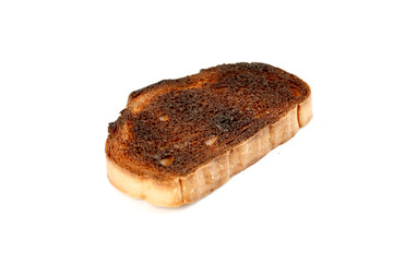Burnt toast isolated on white, closeup shot
