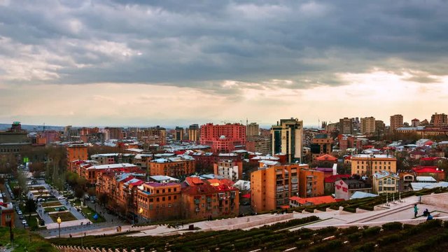 Yerevan, Armenia. Evening in Yerevan, Armenia from Cascade, Ararat mountain at the background. Time-lapsу of people and car traffic in Yerevan the capital of Armenia, zoom in