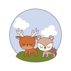 cute porcupine with reindeer in landscape