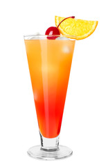 Glass of Tequila Sunrise cocktail on white background