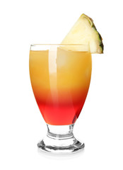 Glass of Tequila Sunrise cocktail on white background