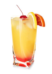 Glass of Tequila Sunrise cocktail on white background