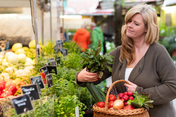 Frau kauft frische und regionale Produkte auf dem Markt 