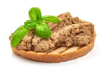Toasted bread with homemade liver pate, sandwich, close-up, isolated on white background