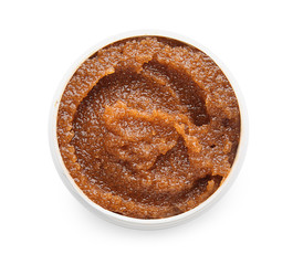Jar with body scrub on white background