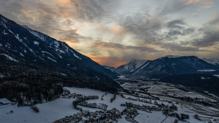 Imst, rietz, Austria. Aerial view at sunset.