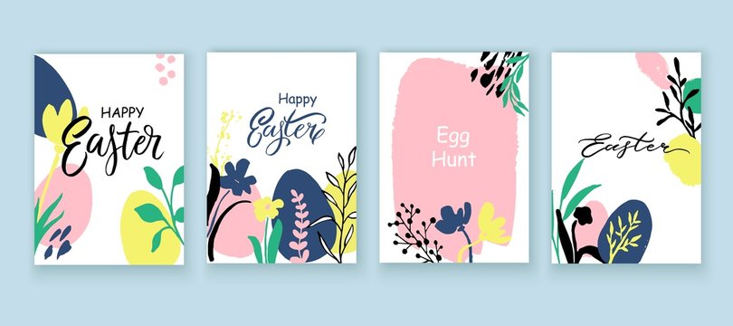 Hand drawn Easter cards collection. Spring card template with flowers, leaves, eggs.
