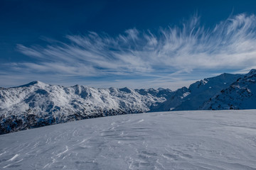 scenic view over the alps in Tulfes ski resort, Austria, in wintertime.