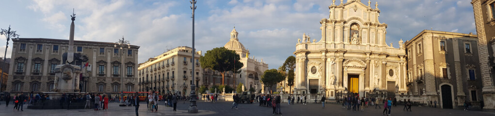 Catania panoramic view of cathedral square, basilica, elephant statue monument and baroque architecture