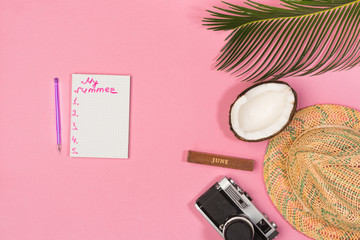 summer plan, camera, hat,  on a pink background top view