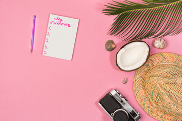 summer plan, camera, hat,  on a pink background top view