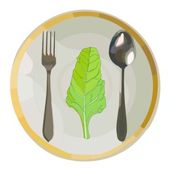 realistic silver fork and spoon on a plate with chard salad